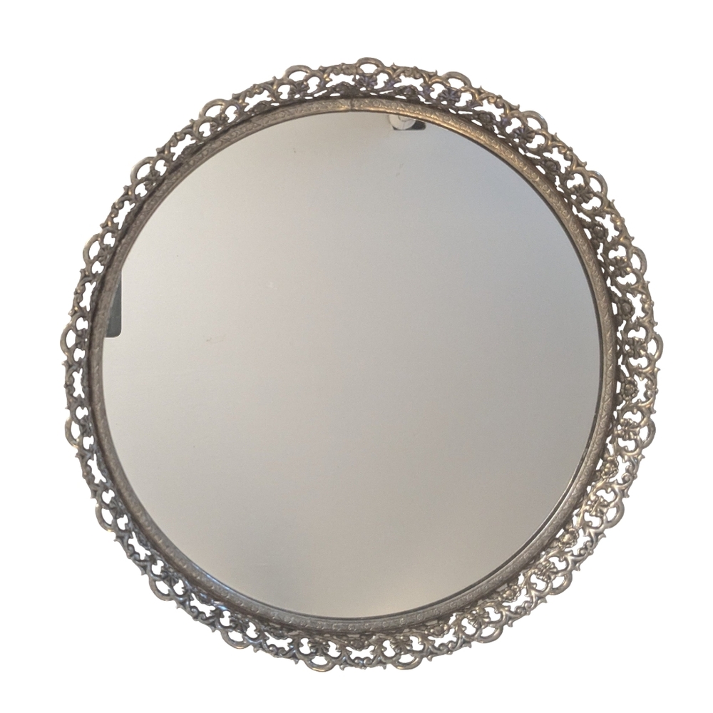 Vintage MCM Mirrored Vanity Tray Round 11" Floral Silver Hollywood Regency Ornat